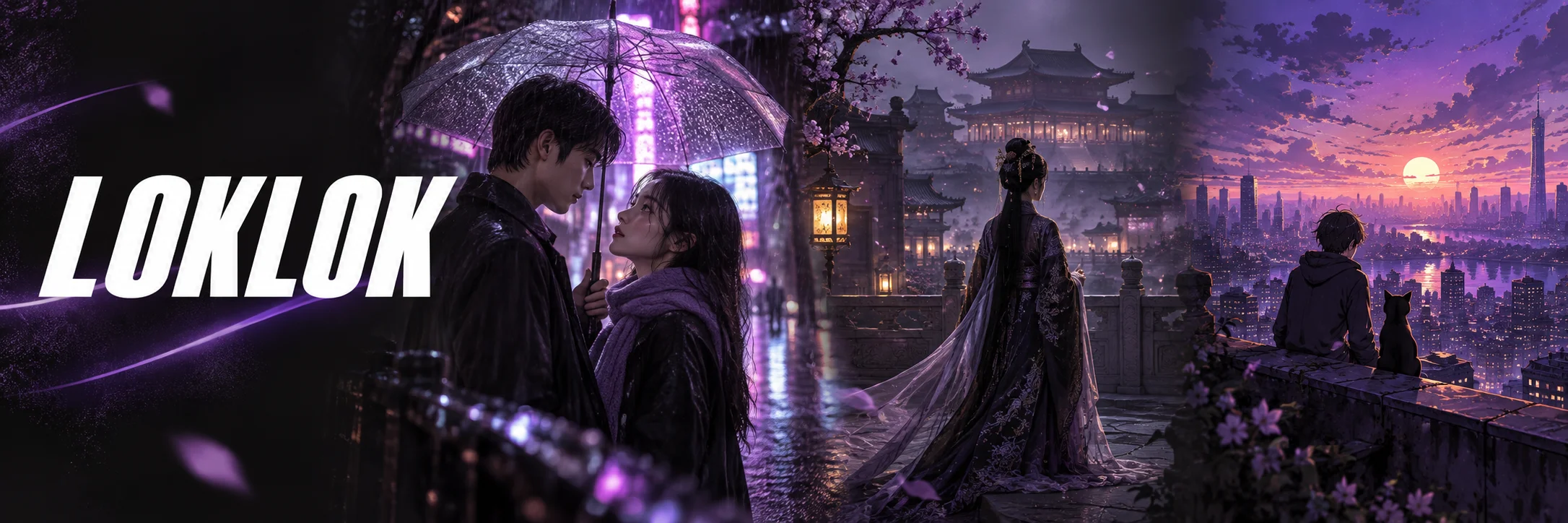 Loklok in white italic lettering beside original purple-toned drama and anime scenes